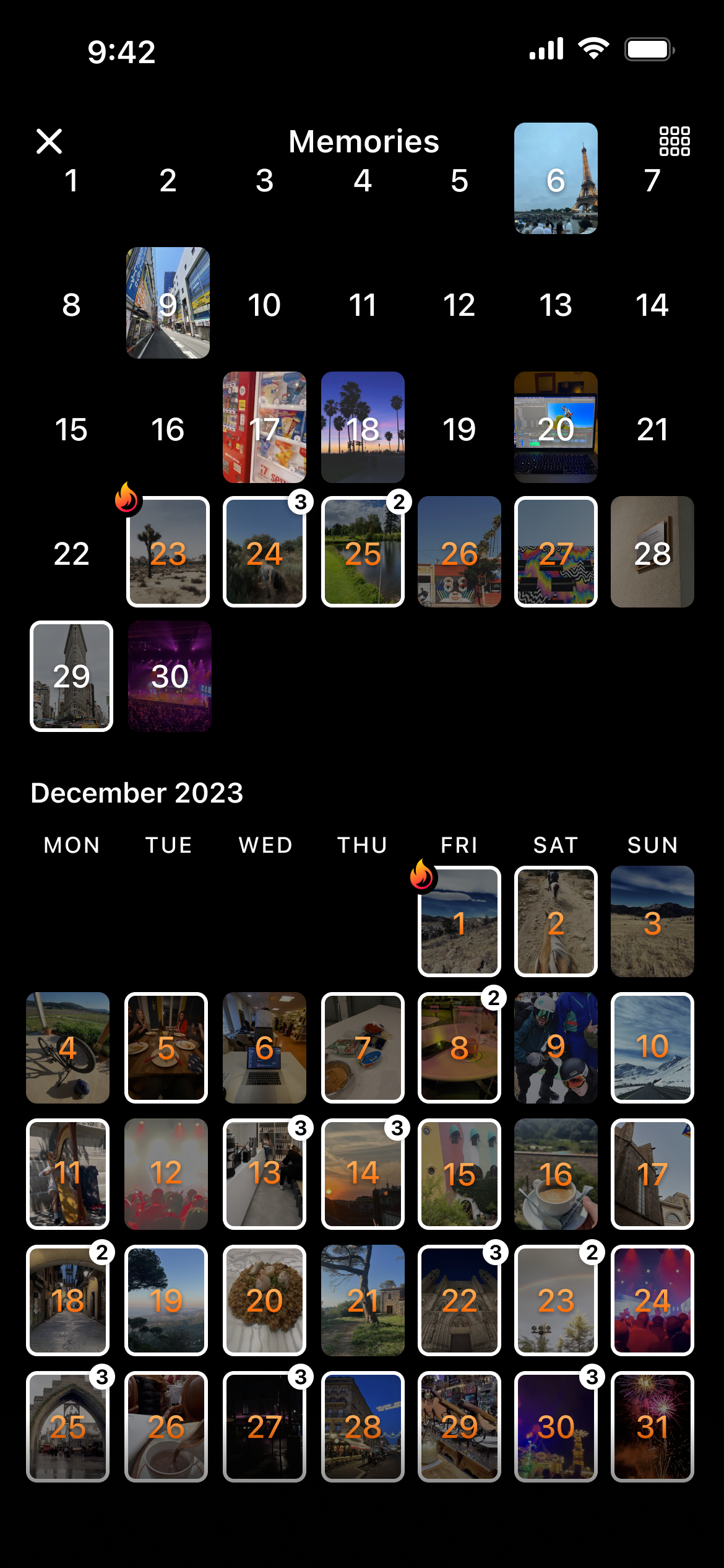 Snapshot of BeReal social media application with two partially filled months from 2023.