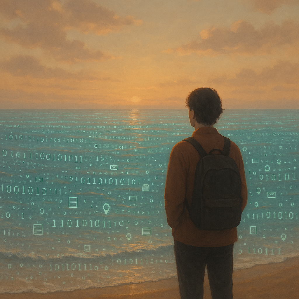 An individual, reflecting out at a sea of data during a picturesque sunset, illustrated as 'matrix-style' 1's and 0's, as well as random data icons. A Gen-AI image.