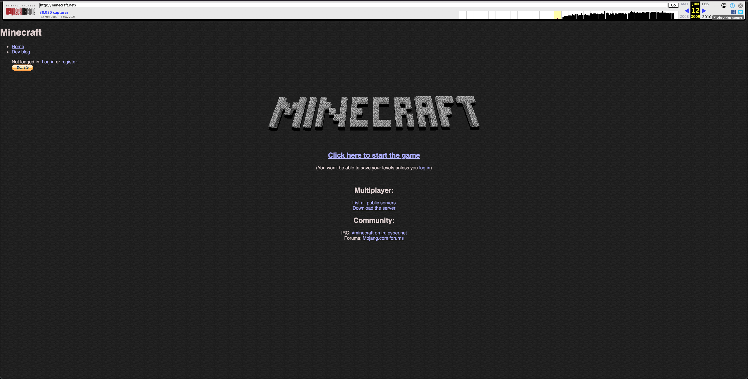 minecraft.net website from 2009 viewed through the wayback machine from June 12, 2002. The UI is notably more primitive than today, with less dynamic styling, and a far more simplistic layout.